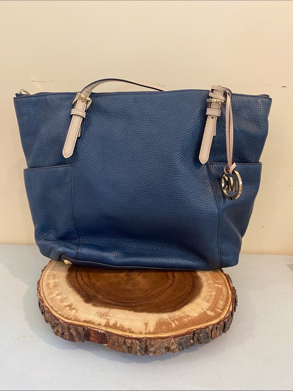 Michael Kors Navy Pebbled Leather Tote with Beige Straps